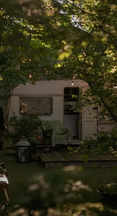 Caravan tucked under trees at a campsite