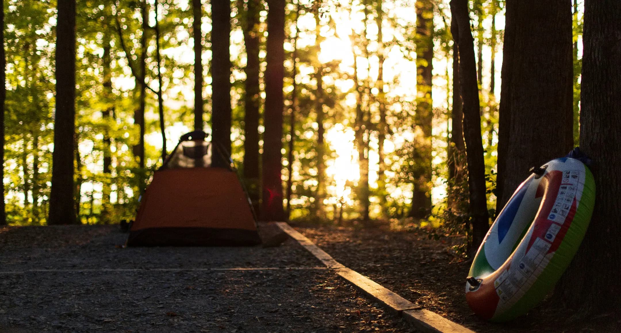 Tent and inflatable ring in a forest at sunrise