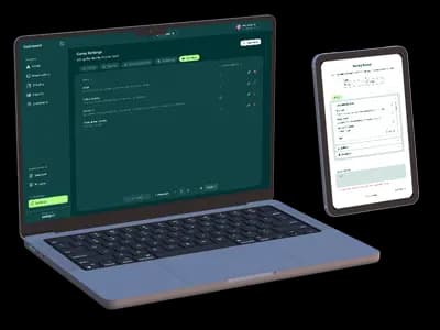 Camprrr software shown on laptop and mobile devices