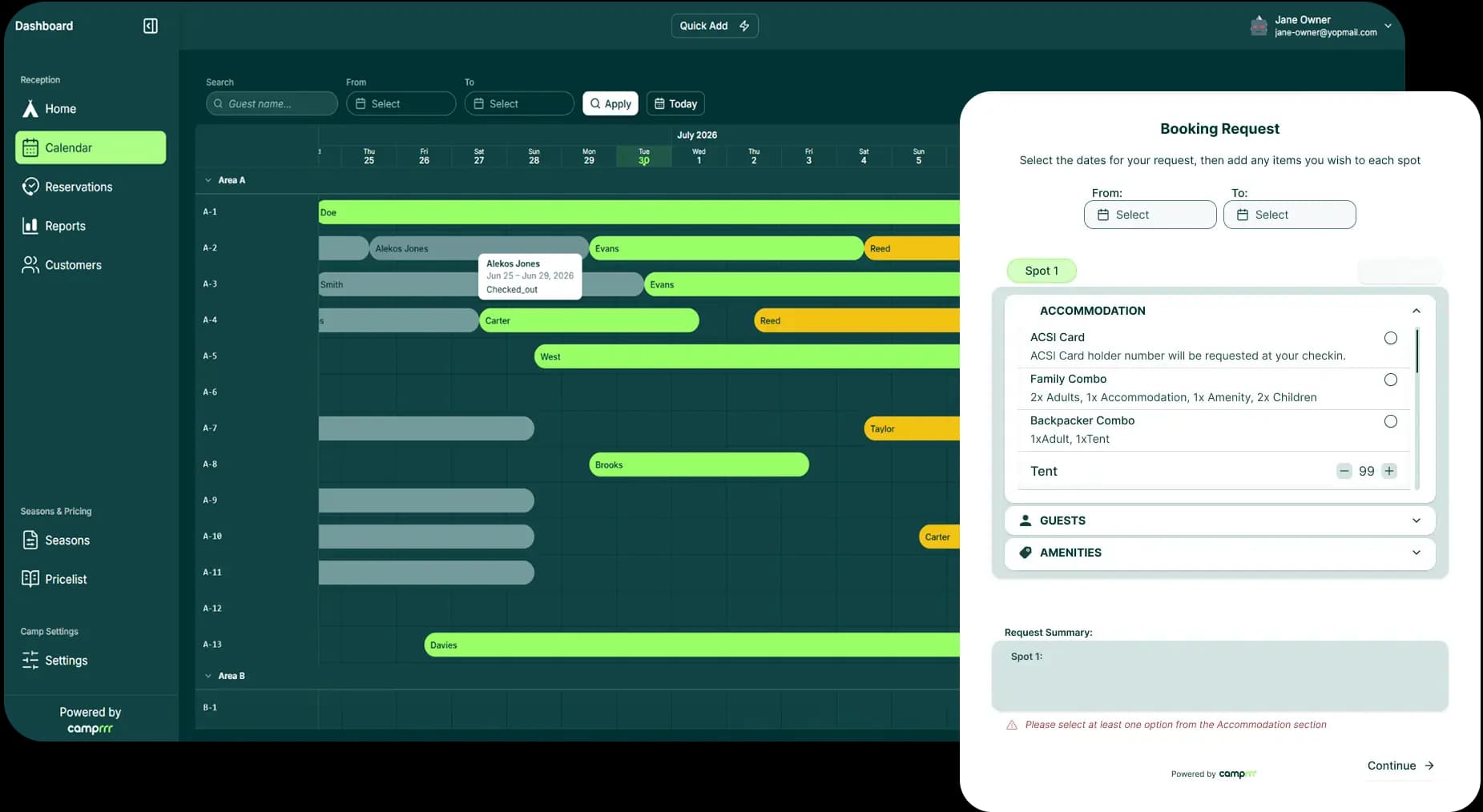 Camprrr dashboard with booking request form for multiple spots